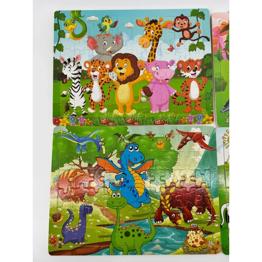 Kids 60 Piece Jigsaw Puzzle Set 4 Pack Dinosaurs Safari Farm Animals with Bag